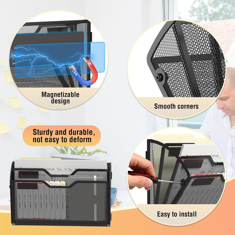Docnest 3 Tier 3 Pack Magnetic Wall Mounted File Holders,Mesh Letter Organizer, Magnetic Hanging Mail Paper Document Organizer for Office, Home, School, Black - Image 3